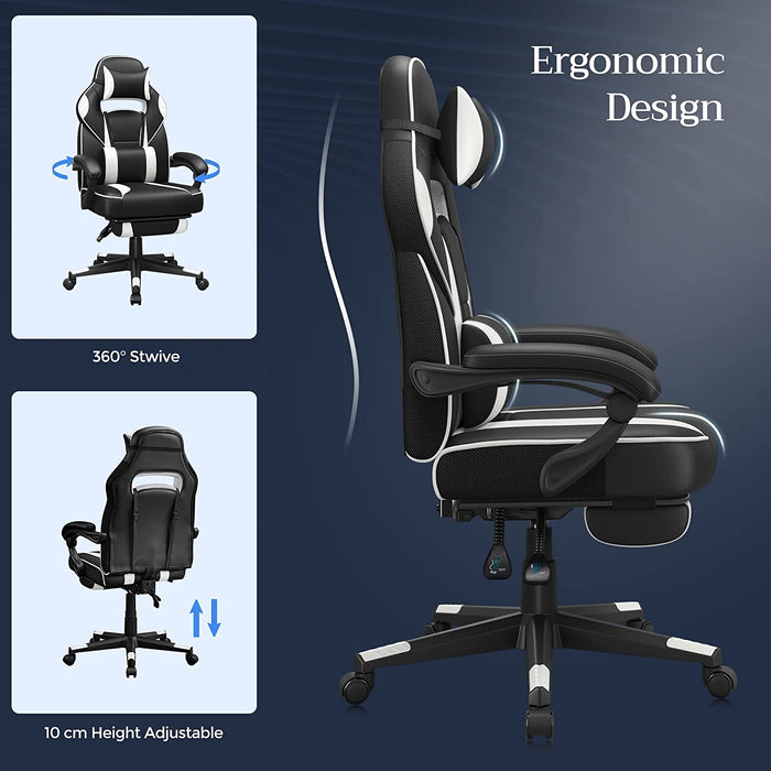 Gamingstuhl, Schreibtischstuhl mit Fußstütze, Bürostuhl mit Kopfstütze und Lendenkissen, höhenverstellbar, ergonomisch, 90-135° Neigungswinkel