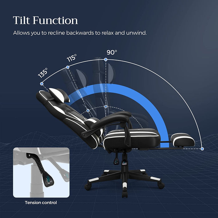 Gamingstuhl, Schreibtischstuhl mit Fußstütze, Bürostuhl mit Kopfstütze und Lendenkissen, höhenverstellbar, ergonomisch, 90-135° Neigungswinkel