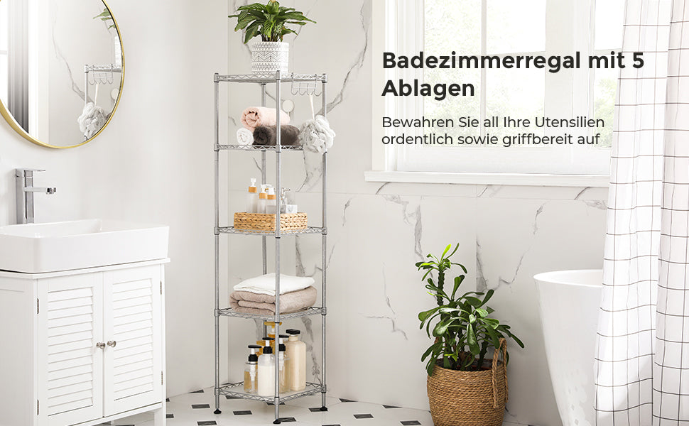 Badezimmerregal, Standregal, Metallregal, bis 100 kg belastbar, mit 5 PP-Platten, abnehmbare Haken, 30 x 30 x 123,5 cm, erweiterbar, für kleine Räume