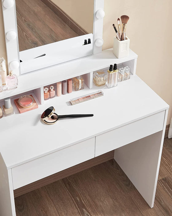 Schminktisch mit LED Beleuchtung, Frisiertisch mit Spiegel, Kosmetiktisch mit 2 Schubladen und 3 offenen Fächern, Frisierkommode, für Make-up, modern