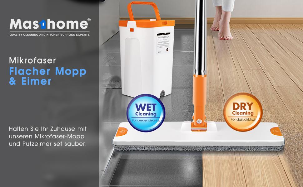 Bodenwischer mit Eimer Set, Flacher Wischmopp und 6 Mikrofaser Pads, Flachmopp für Bodenreinigung - Hergeben 1 Reinigungsbürste