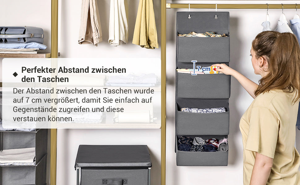 Hängender Organizer mit 4 Taschen, Hängeaufbewahrung für die Tür, für Schlafzimmer, Büro, Kinderzimmer, 33,5 x 12 x 100 cm, grau