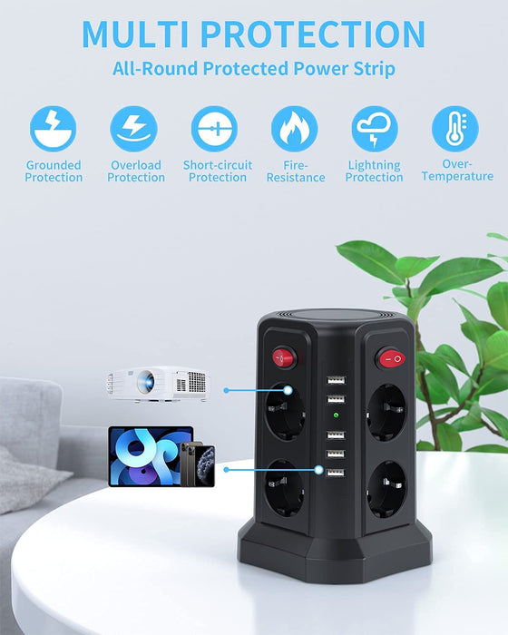 8 Fach Steckdosenleiste mit 3M Kabel, Mehrfachsteckdose mit 5 USB 12W, Steckdosenturm mit 4 Schalter, Steckdosenleiste überspannungsschutz