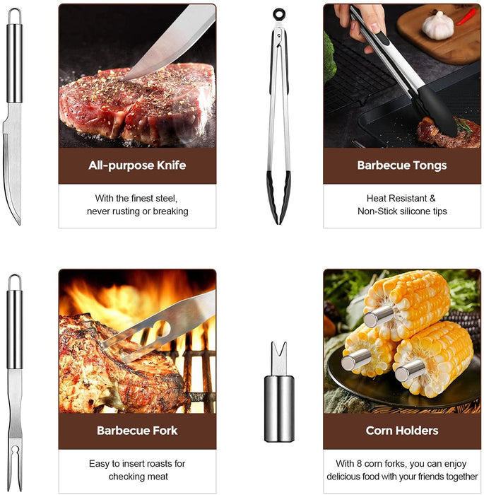 BBQ Grillbesteck Tool Set, 26-teiliges Hochleistungs Edelstahl Grillwerkzeug, Grill Kit mit Matte zum Grillen für Outdoor Picknick Familien Garten