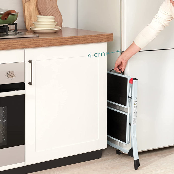 Klapptritt mit 2 Stufen, Trittleiter, Leiter, 20 cm breite Stufen, rutschfeste Gummimatte, mit Tragegriff, bis 150 kg belastbar, aus Stahl