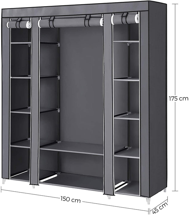 Kleiderschrank, Stoffschrank, mit Kleiderstange und Ablagen, Soffüberzug, für Schlafzimmer, Ankleidezimmer, 150 x 45 x 175 cm, grau