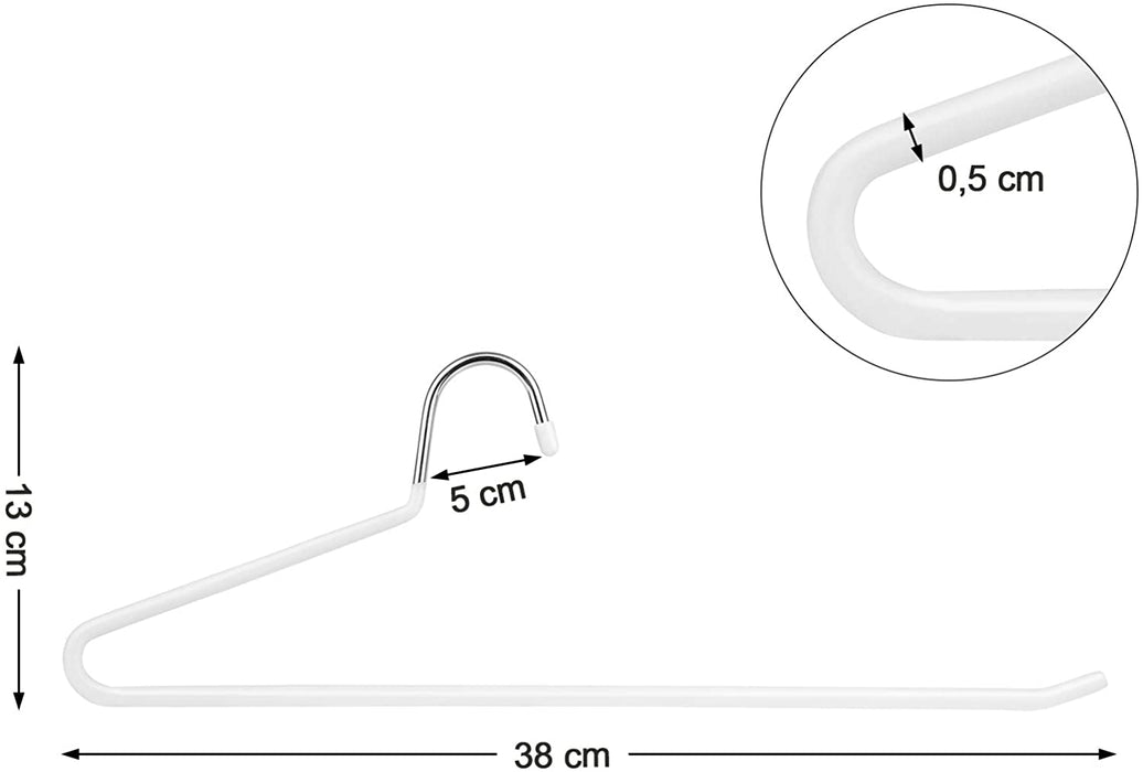 Kleiderbügel aus Metall, 20 Stück, Hosenbügel, aus Ø 5 mm Draht, mit PVC-Kunststoff beschichtet, rutschfest, 38 cm, verchromt, weiß