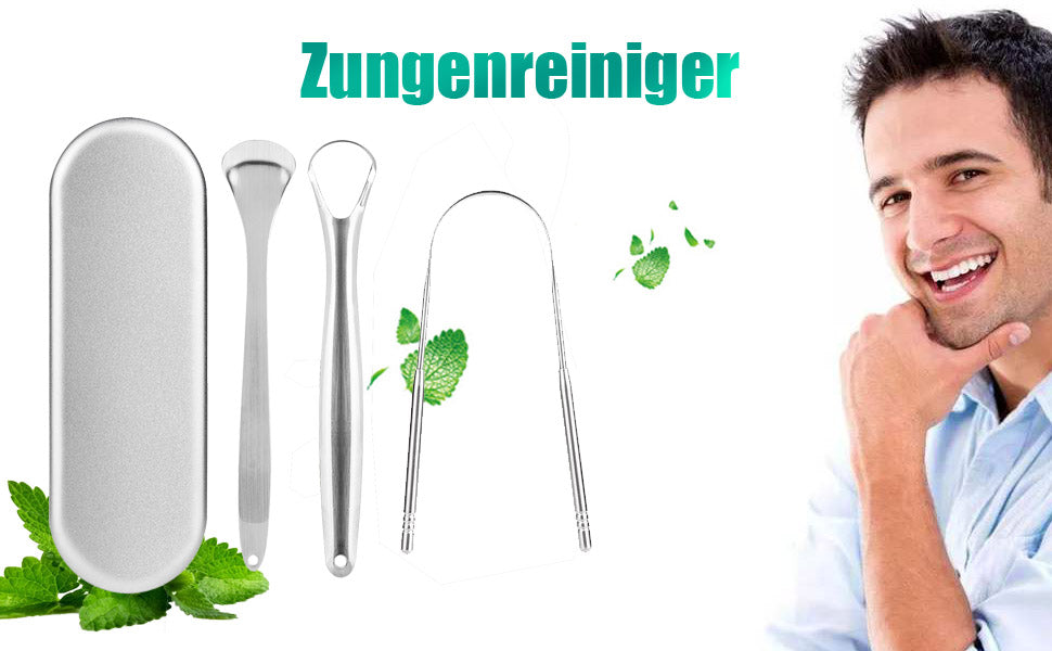 Zungenreiniger Schaber, BOENFU 3er Pack Edelstahl Metall Zungenschaber, aus Edelstahl gegen Mundgeruch und für Frischer Atem mit Etui für Mundpflege