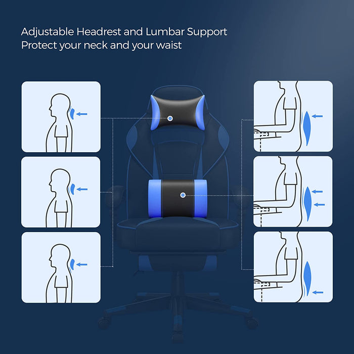 Gamingstuhl, Schreibtischstuhl mit Fußstütze, Bürostuhl mit Kopfstütze und Lendenkissen, höhenverstellbar, ergonomisch, 90-135° Neigungswinkel