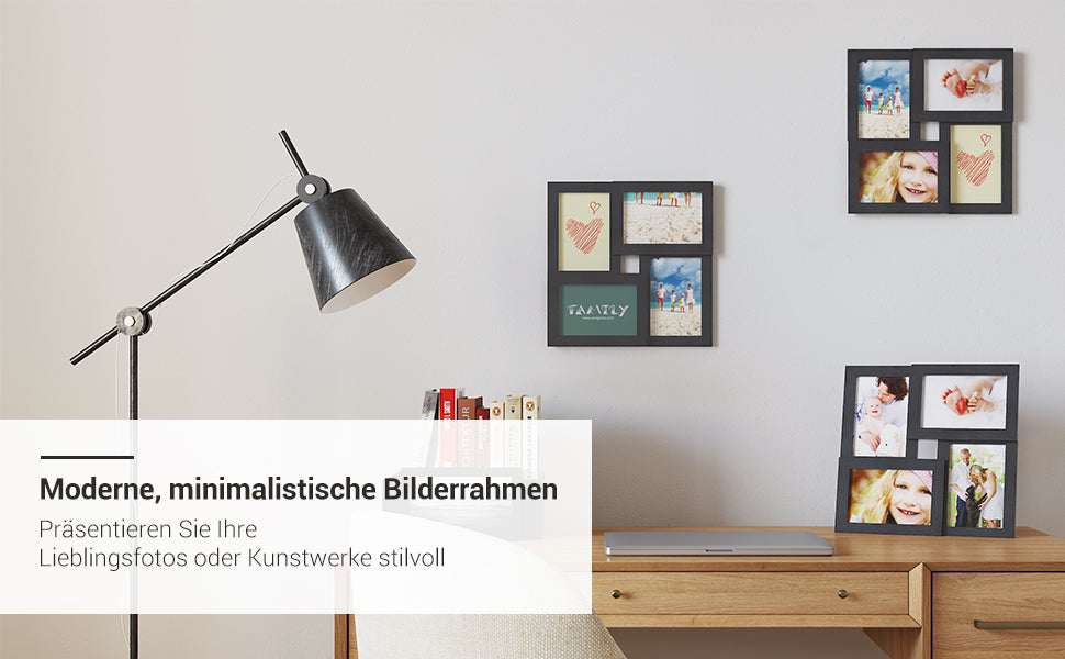 Bilderrahmen Collage für 4 Fotos, 10 x 15 cm, Wandmontage Fotogalerie Display, mit Glasscheibe, Schwarze Holzmaserung