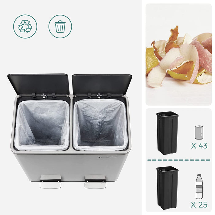 Mülleimer, 2 x 30 L, 2 Fächer, Mülltrennsystem, Treteimer, Abfalleimer Küche, 15 Müllsäcke, aus Metall, Inneneimer aus Kunststoff, Klappdeckel