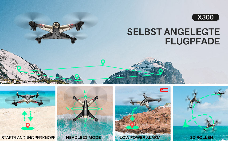 X300 Drohne mit Kamera 1080P HD Live Übertragung WiFi FPV Optische Positionierung 3D Flips RC Quadcopter 2 Akkus 40 Minuten Flugzeit Fernbedienung