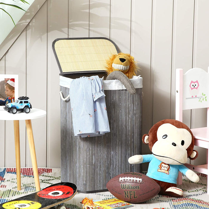 Wäschekorb 72 L, Wäschesammler aus Bambus, Wäschetruhe mit Griffen, Deckel mit Clips, faltbar, Wäschesack herausnehmbar, Vintage, grau