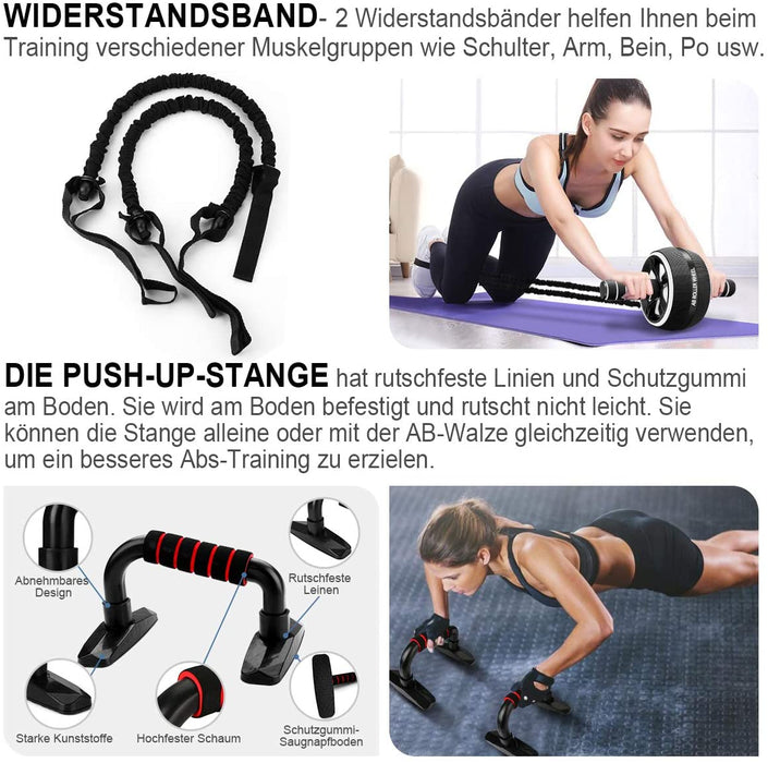 Bauchroller, Bauchtrainer ab Roller, Bauchmuskeltrainer ab Wheel Set, mit Fitnessband, Springseil, Hochschieben Griffe, Abbildung 8 Fitnessbänder