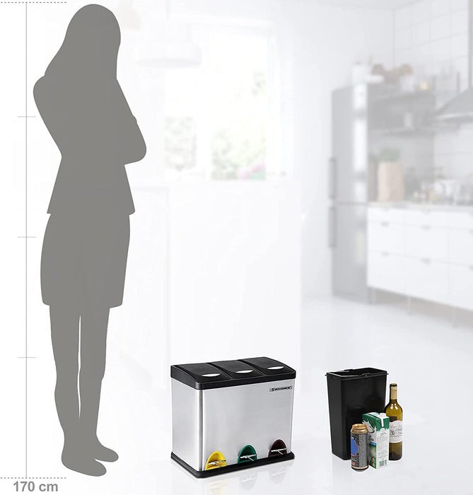 Mülleimer für die Küche, Treteimer aus Metall, 3-in-1 Abfalleimer, 24 Liter, Mülltrennung, Mülltrennsystem, einfach zu reinigen, Stahl, silbern