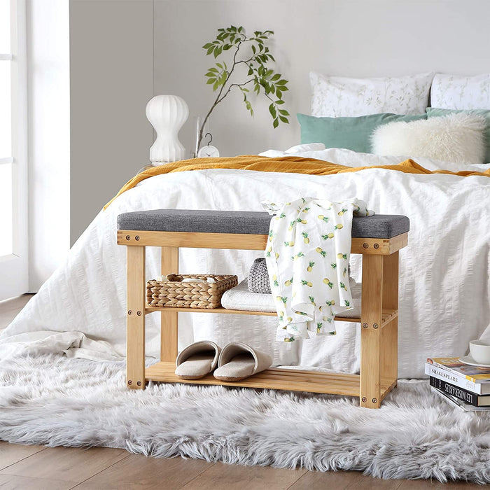 Schuhbank aus Bambus, Schuhregal mit 2 Regalebenen, Sitzbank, für Flur, Wohnzimmer, Sitzfläche bis 150 kg belastbar, 71 x 29 x 49 cm, naturfarben-grau