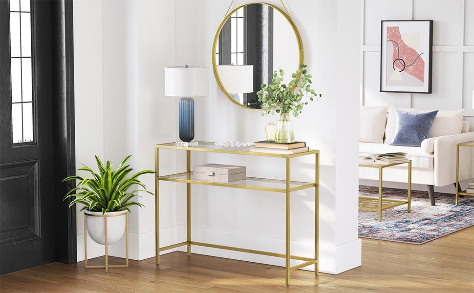 Konsolentisch, Beistelltisch mit 2 Ablagen, Hartglas, Aufbewahrungsregal, Metallgestell, verstellbare Füße, für Wohnzimmer, Flur, goldfarben
