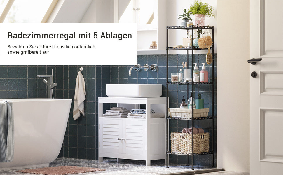 Badezimmerregal, Standregal, Metallregal, bis 100 kg belastbar, mit 5 PP-Platten, abnehmbare Haken, 30 x 30 x 123,5 cm, erweiterbar, für kleine Räume