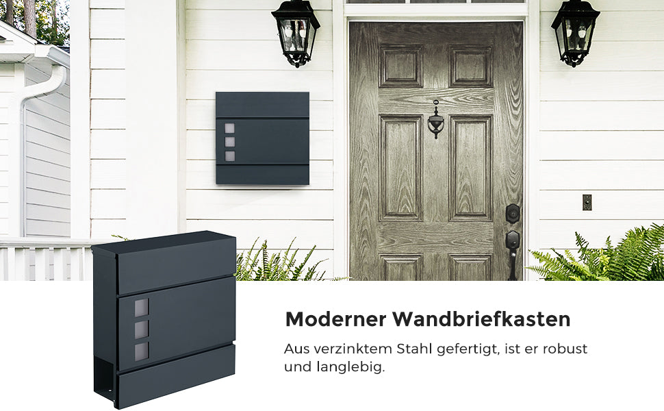 Briefkasten, Wandbriefkasten, modern, abschließbar, mit Zeitungsfach, einfache Montage, anthrazit