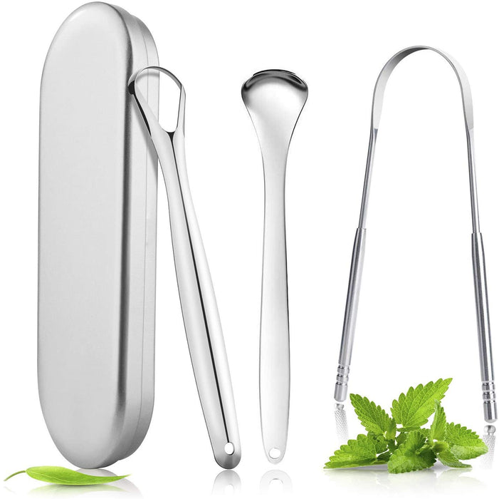 Zungenreiniger Schaber, BOENFU 3er Pack Edelstahl Metall Zungenschaber, aus Edelstahl gegen Mundgeruch und für Frischer Atem mit Etui für Mundpflege