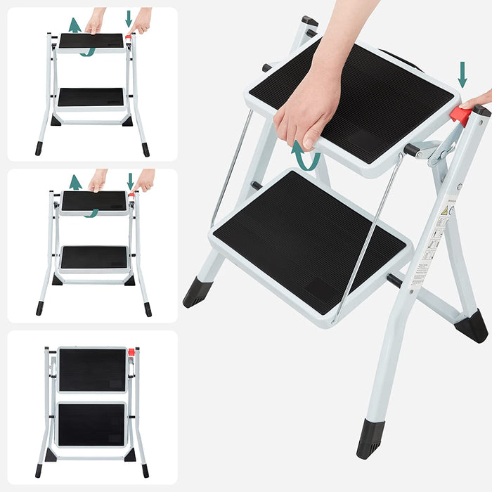 Klapptritt mit 2 Stufen, Trittleiter, Leiter, 20 cm breite Stufen, rutschfeste Gummimatte, mit Tragegriff, bis 150 kg belastbar, aus Stahl