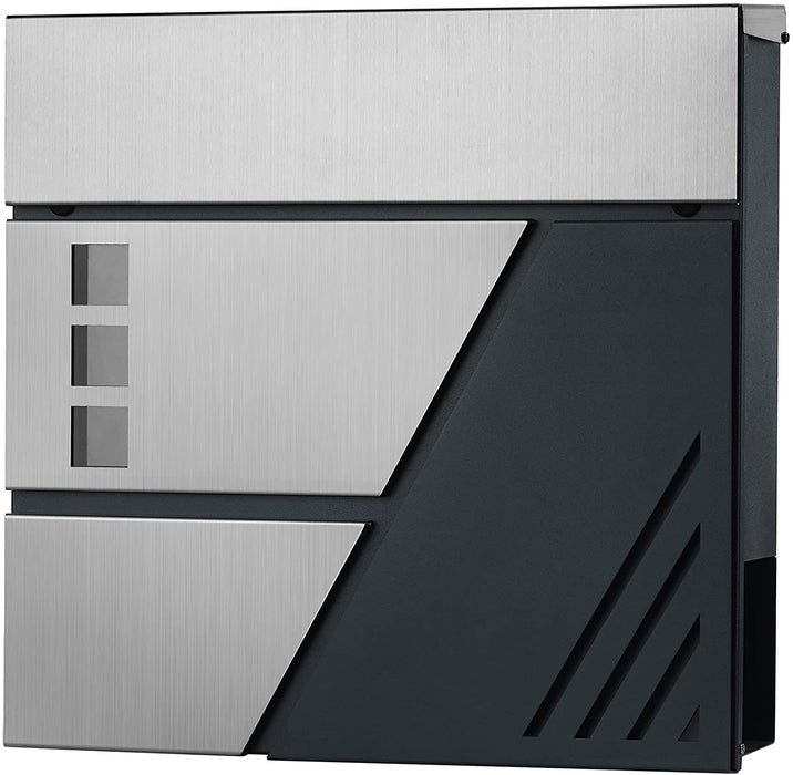 Briefkasten, Wandbriefkasten mit Sichtfenster, aus Edelstahl, für Haustür, mit Schloss und Schlüsseln, silbern-anthrazit