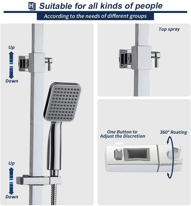Duschsystem mit Thermostat Regendusche eckig Duscharmatur Duschset Dusche inkl. Handbrause, Regenbrause, Duschstange chrom
