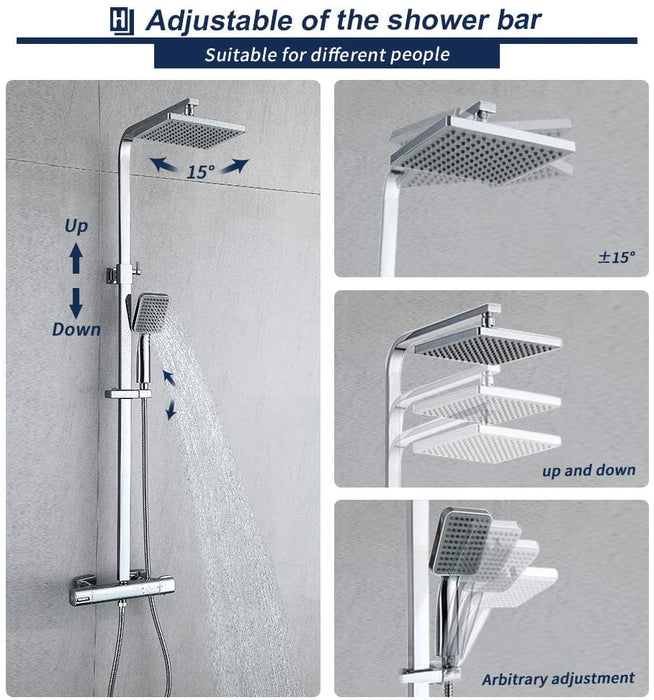 Duschsystem mit Thermostat Regendusche eckig Duscharmatur Duschset Dusche inkl. Handbrause, Regenbrause, Duschstange chrom