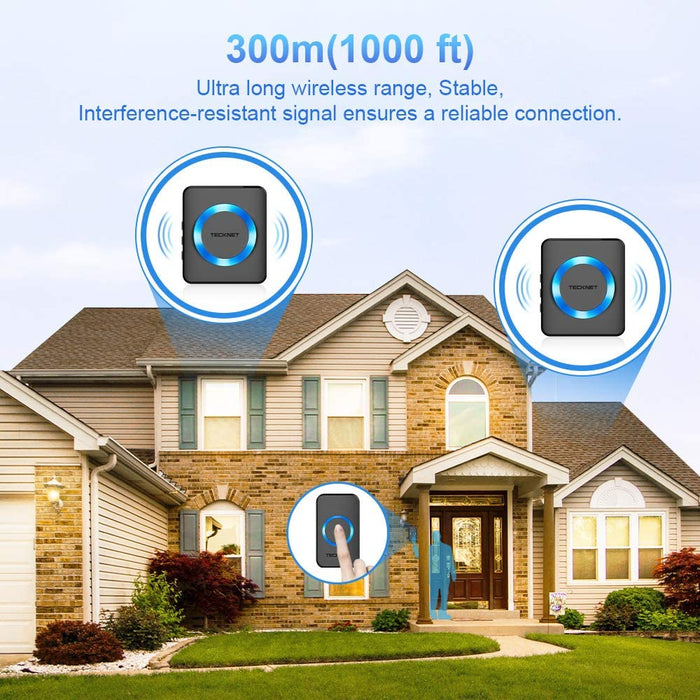 Funk Türklingel, Kabellose Türklingel, Wireless Türglocken, 300m Reichweite, 52 Klingeltöne, Plug In für Die Steckdose, Klingel und Klingelknopf