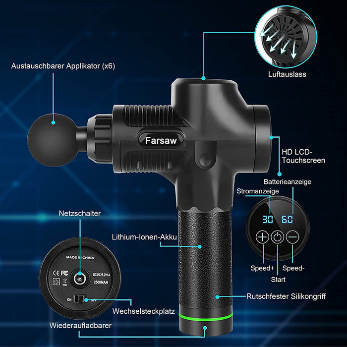 Massagepistole Elektrisch, Muskel Massage Gun LCD Touchscreen, Massagegerät mit 6 Massageköpfen, 30 einstellbare Geschwindigkeiten Massagestab