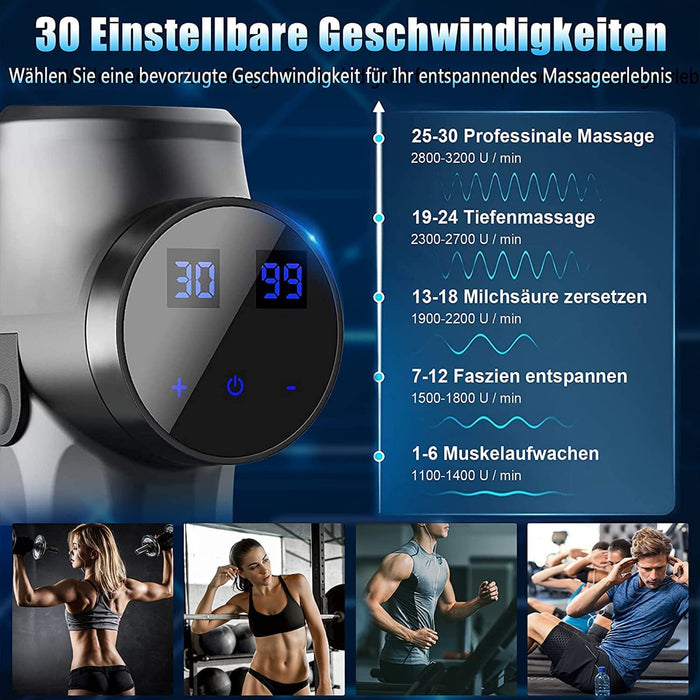 Massagepistole Elektrisch, Muskel Massage Gun LCD Touchscreen, Massagegerät mit 6 Massageköpfen, 30 einstellbare Geschwindigkeiten Massagestab