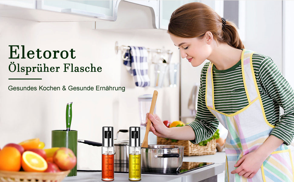 Eletorot Ölsprüher Flasche 100ML, Öl Sprühflasche, Essig Spritzer Ölspender, Transparent Öl Sprayer mit Bürstefür Kochen, Salat, Grill Zubehör