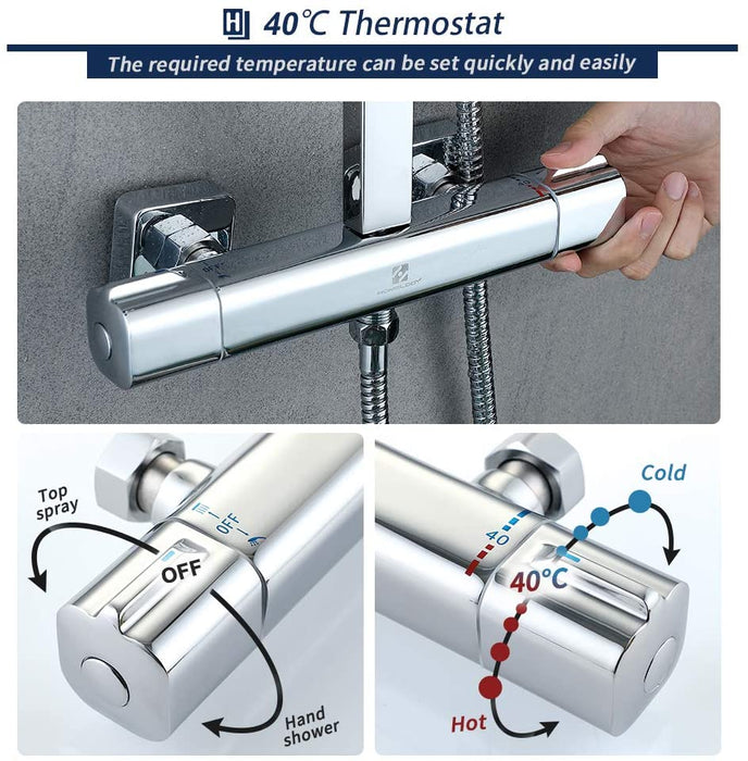 Duschsystem mit Thermostat Regendusche eckig Duscharmatur Duschset Dusche inkl. Handbrause, Regenbrause, Duschstange chrom