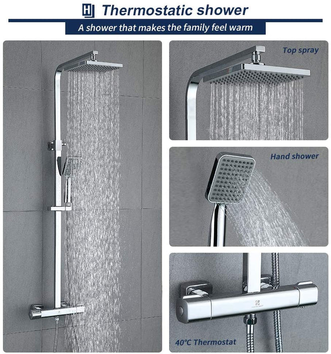 Duschsystem mit Thermostat Regendusche eckig Duscharmatur Duschset Dusche inkl. Handbrause, Regenbrause, Duschstange chrom