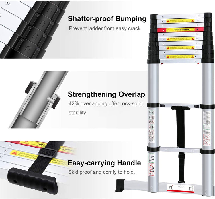 3,8M Teleskopleiter mit Stabilisator, Aluminium Ausziehleiter Hohe Mehrzweckleiter, 150 kg Belastbarkeit Schwarz