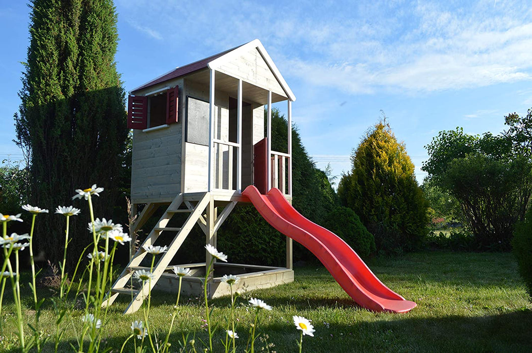 Spielhaus Garten Holz | Holzspielhaus Kinder Garten | Spielturm Garten Holz | Outdoor Spielzeug Kinder Rutsche Sandkasten und Tafel Gartenhaus Holz