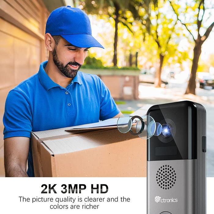 WLAN Video Türklingel mit Kamera 2K HD, Ctronics 10000mAh Akku Kabellose Video Doorbell mit Gong, PIR Personenerkennung, Erweiterte WLAN Verbindung