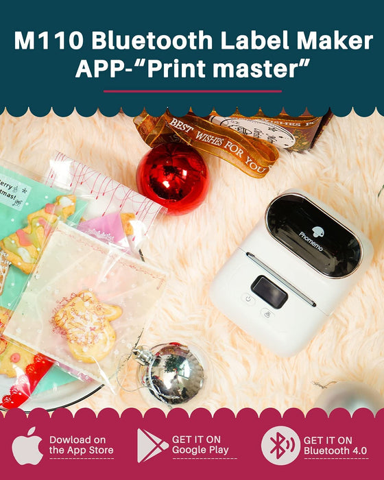 M110 Etikettendrucker - Thermoetikettendrucker, tragbarer Etikettendrucker, Bluetooth-Verbindung, Geeignet für Büro, Barcode QR-Code, Transport, Kabel