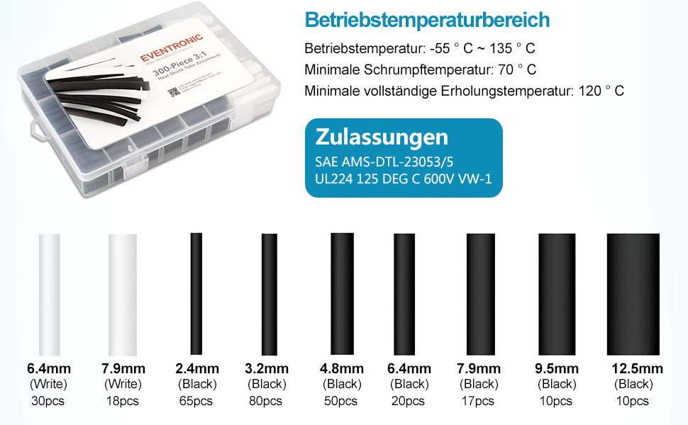 Schrumpfschlauch Kit, Eventronic 300Pcs 3: 1 Dual Wall Adhesive Gefüttert Schrumpfschlauch Rohr mit 7 Größe, 2 Farbe (Schwarz, Weiß)
