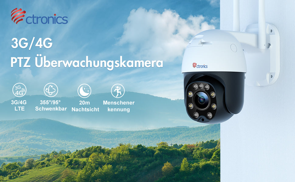 3G/4G LTE Überwachungskamera Aussen mit SIM-Karte, Ctronics PTZ Kamera Outdoor 355°/90° Schwenkbar, Personenerkennung und Automatische Verfolgung