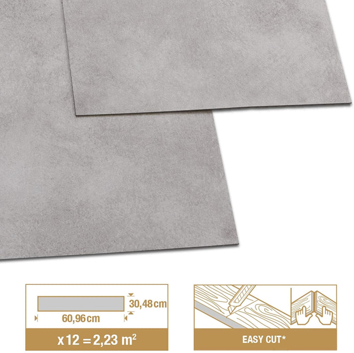 PVC Bodenbelag Shy Industry - Selbstklebende Fliesen - Betoneffekt - Hellgrau - Medio - Dicke 1,5 mm - 2.23m² / 12 Fliesen
