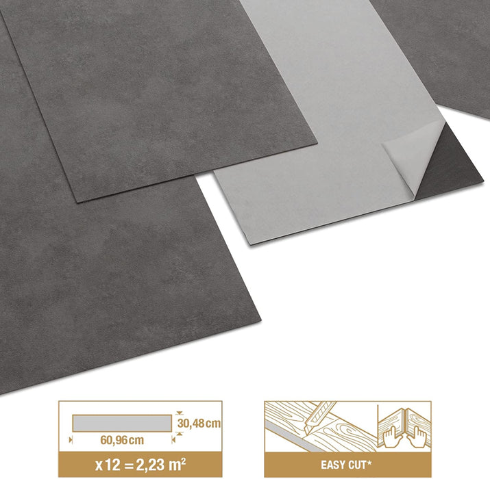 PVC Bodenbelag Galena - Selbstklebende Vinyl-Fliesen - Vinylboden - Betoneffekt - Dunkelgrau- Medio - Dicke 1,5 mm - 2.23m² / 12 Fliesen