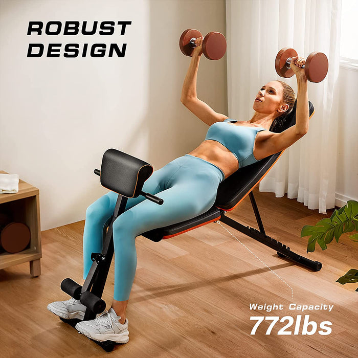 Hantelbank, robuste All-in-One-Bench für Ganzkörpertraining, Hantelbank klappbar mit 7 Rückenpositionen, zwei Trainingsbänder, Heim-Fitnessstudio