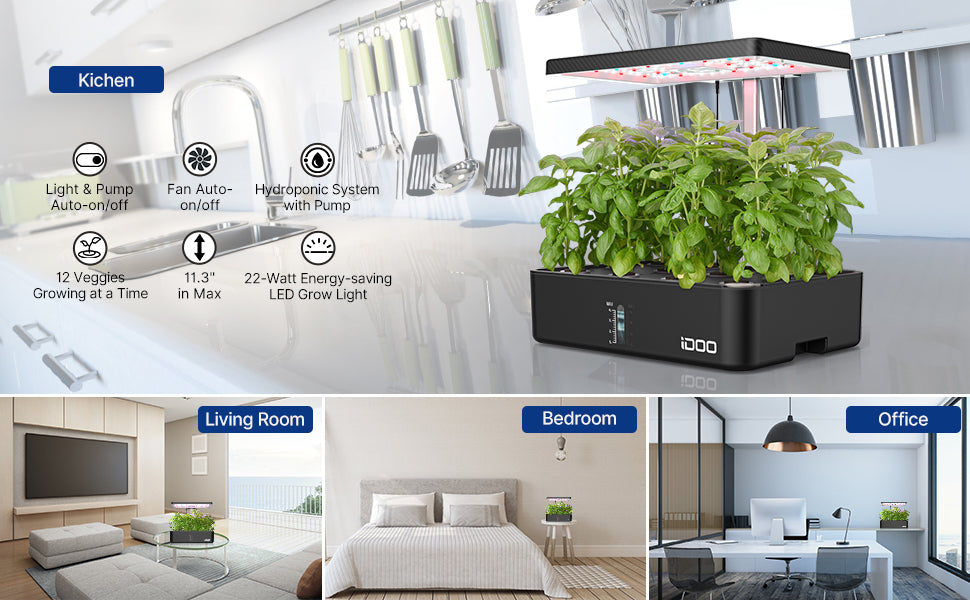 Hydroponisches Anzuchtsystem, 12Hülsen Smart Garden, 23W LED Pflanzenlampe mit Automatisch Timer, Höhenverstellbar Indoor Kräutergarten Kit, Schwarz