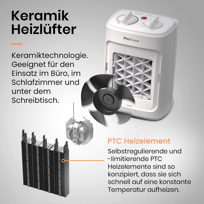 2000W Mini Keramik Heizlüfter mit Kaltstufen und drei Leistungsstufen - für Betrieb im Büro, Wohnzimmer, Schlafzimmer oder Terasse - Weiß