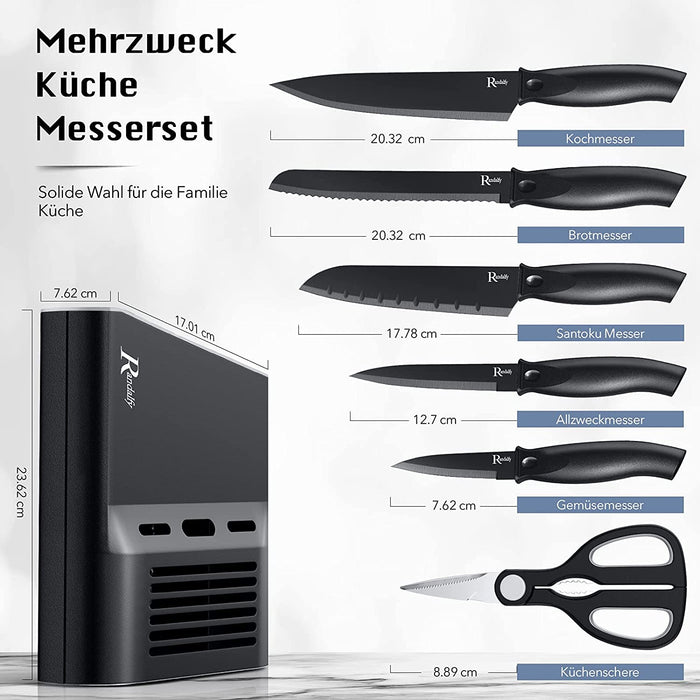 Messerset mit Messerblock Set, 7-TLG Kochmesser Set mit Messer, Schere, Messerblock zum Hacken von Fleisch/Gemüse/Obst