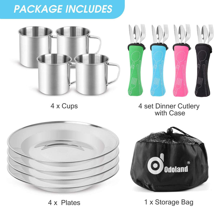 Campingbesteck Set Outdoor Reisebesteck Edelstahl Klappbesteck mit Neoprenhülle Teller Tasse ideal für Outdoor Kochgeschirr Reisen Wandern Camping