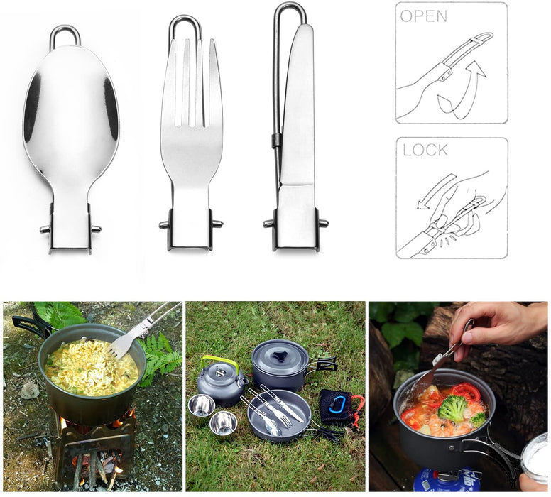 Camping Kochgeschirr Set 11-teiliges Outdoor Kochgeschirr mit Mini Gaskocher Tragbar Aluminium Topf 0.8L Teekessel 2 Tassen Faltbare Besteck Camping