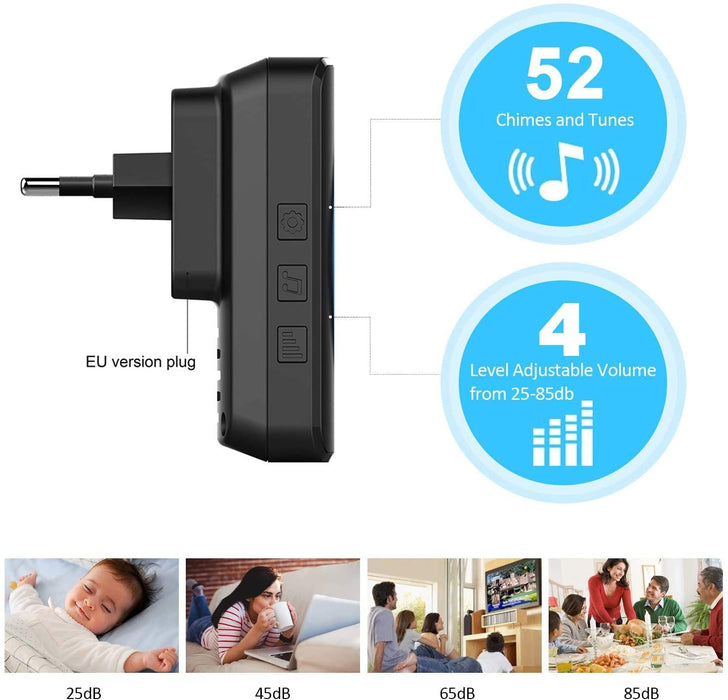 Funk Türklingel, Kabellose Türklingel, Wireless Türglocken, 300m Reichweite, 52 Klingeltöne, Plug In für Die Steckdose, Klingel und Klingelknopf