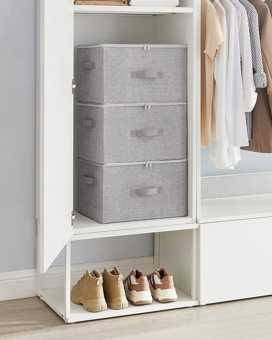 Aufbewahrungsbox mit Deckel, 3er Set, faltbare Stoffbox mit Griffen, Aufbewahrung für Kleidung und Spiegelzeug, hellgrau